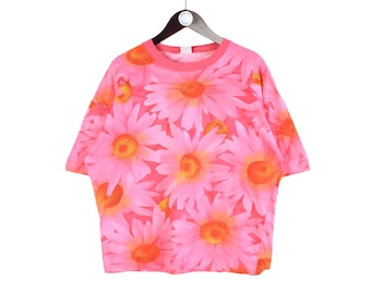 Vintage United Colors of Benetton T-shirt maat dames M, oversized casual stijl bloemmotief roze jaren 90 top korte mouw