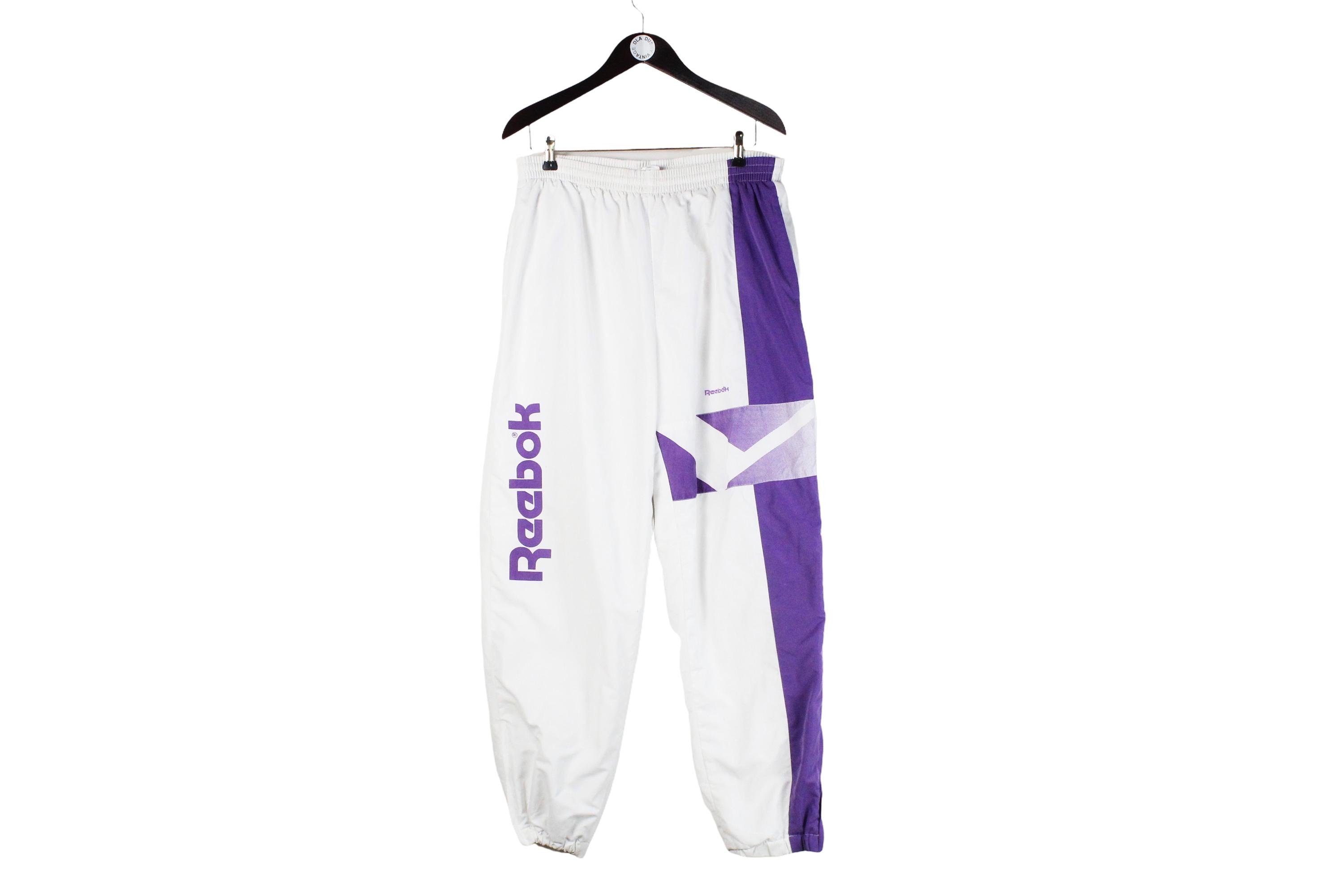 Vintage Reebok Track Pants Size L White Purple 90s Retro Trousers