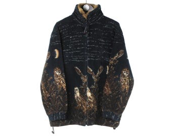 Vintage Animal Pattern Radish Fleece Full Zip Size M Black Nature Print 90s Sweater Pullover Jumper Winter Outdoor Ski Style