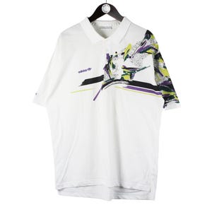 Vintage Adidas Polo T-Shirt Size XL White Tennis Abstract Pattern 90s Top Short Sleeve Casual Style
