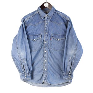 Vintage Levi&#39;s Denim Shirt Size S Blue 90s Casual Style Top Collared Button-Up Oxford Jean Blouse