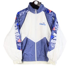 Vintage Diadora Track Jacket Size S White Blue 90s Sport Style