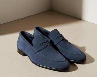 Mocasines de ante azul hechos a mano para hombre, zapatos de cuero sin cordones