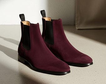 Handmade Burgundy Suede Chelsea Boots Men's Leather Boots
