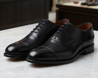 Black Leather Oxford Shoes for Men, Cap Toe Dress Shoes, Formal Lace Up Shoe