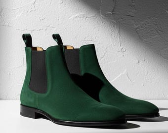 Handmade Green Suede Chelsea Boots Men's Leather Boots