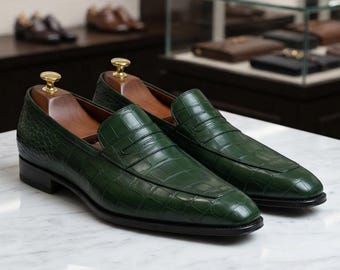 Green Alligator Loafers for Men's Handmade Slip On Dress Shoes, Classic Penny Loafer