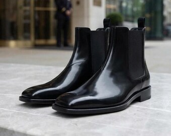 Handmade Black Square Toe Patent Leather Chelsea Boots for Men's Ankle Boots