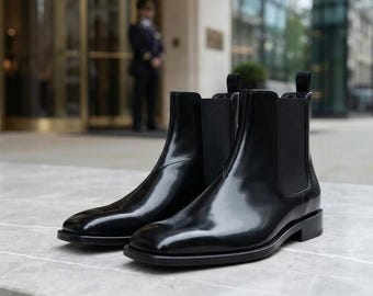 Handmade Black Square Toe Patent Leather Chelsea Boots for Men's Ankle Boots