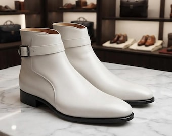 Men's Handmade White Leather Jodhpur Boots | Leather Ankle Boot with Strap