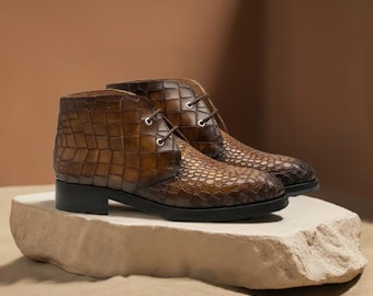 Brown Crocodile Textured Chukka Boot’s for Men’s Leather Boots