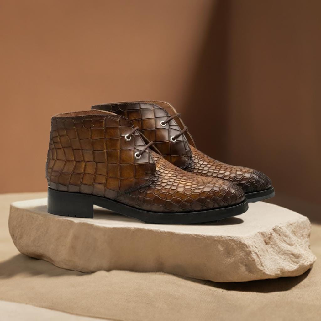 Elegant Dark Brown Croc-Embossed Chukka Boots Men main image 4