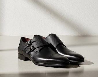 Handmade Black Leather Monk Strap Shoes Men's Dress Shoes