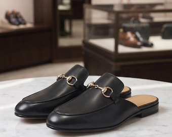 Black Leather Horsebit Mules for Women, Backless Loafer Slip-On Shoes