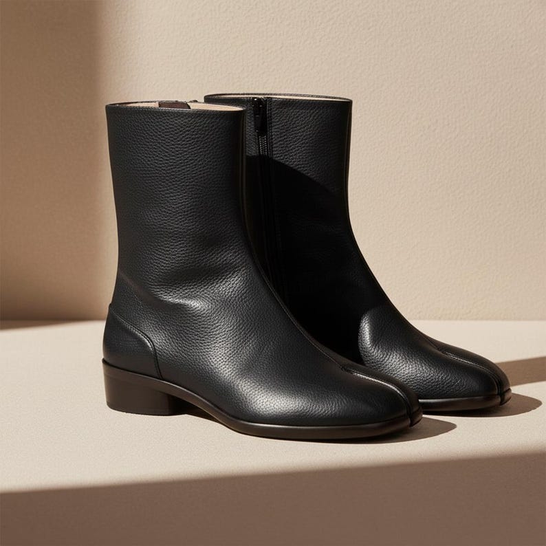 Handmade Black Leather Tabi Boots Men Leather Ankle Boot