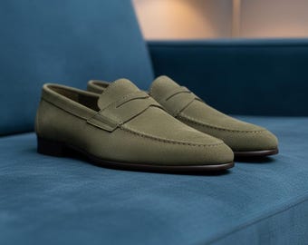 Handmade Suede Leather Penny Loafers: Green Slip-On Shoes for Men
