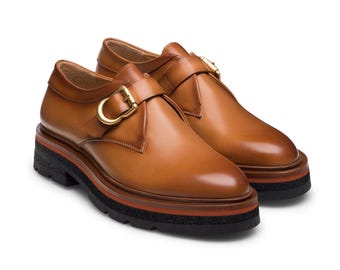 Women’s Brown Leather Monk Strap Shoes Trendy Fashion Shoes