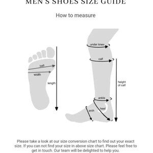 May include: A diagram showing how to measure different parts of the foot and leg for shoe sizing. The diagram includes measurements for the ball, width, length, under knee, calf, ankle, heel, and arch.