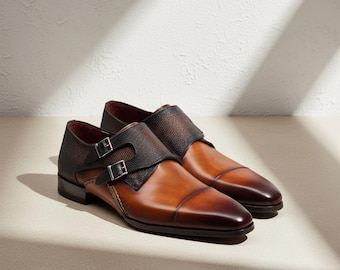 Handmade Brown Leather Double Monk Shoes Mens Dress Shoes