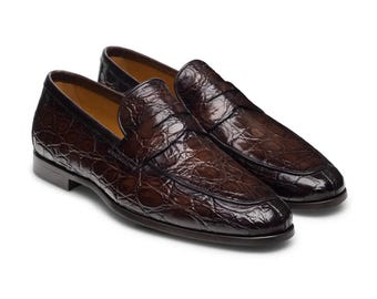 Brown Crocodile Embossed Leather Loafers Men’s Dress Shoes