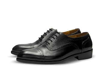 Men’s Black Oxford Dress Shoes Cap Toe Brogue Leather Formal Shoes