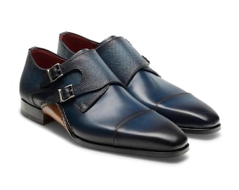 Men’s Blue Leather Double Monk Shoes Cap Toe Dress Shoes
