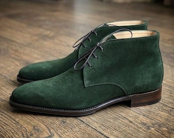 Handgefertigte Grüne Wildleder Chuka Boots Herren Lederstiefel - Karree Stiefel
