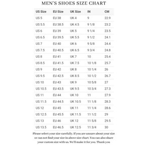 May include: A men's shoe size chart showing US, EU, UK, inch, and centimeter conversions. The chart lists sizes from US 5 to US 13.5.