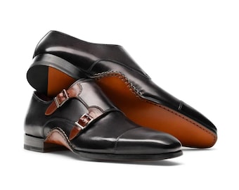 Men’s Black Leather Monk Strap Shoes Formal Dress Shoes