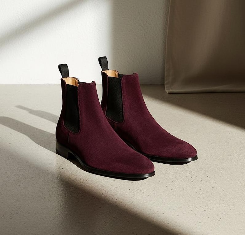 Handmade Burgundy Suede Chelsea Boots Men's Leather Ankle Boots, Suede Boots, Weeding Boots, Chukka Boots, Leather Boots, Casual Boots
