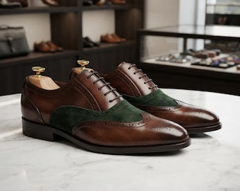 Scarpe Oxford da uomo in pelle marrone e verde, modello brogue con punta a coda di rondine, scarpe eleganti da uomo