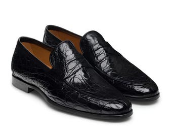 Mocasines negros de piel con efecto cocodrilo para hombre