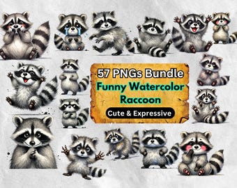 Bundle de cliparts PNG drôle de raton laveur, autocollants PNG d'animaux sauvages (téléchargement numérique