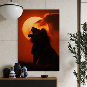 Roaring Lion Wandkunst | Sonnenuntergang Safari Leinwand | Löwen Print für Wohnzimmer | Afrikanische Wildtiere Leinwand | Auffälliges Tier Kunstwerk
