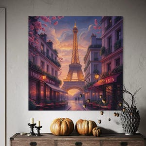 Eiffel Tower Canvas | Romantic Paris Street Art | Eiffel Tower Print | Sunset Wall Art | Eiffel Tower Painting | French Decor | Warm Tones