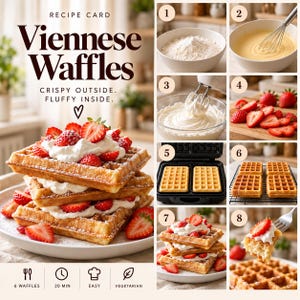 May include: A recipe card for Viennese Waffles featuring a stack of three golden-brown waffles topped with whipped cream and sliced strawberries. The card includes eight numbered instructional steps, a 20-minute time icon, and text labels.