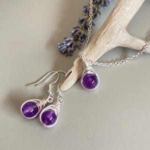 Handcrafted Amethyst Gemstone Necklace & Earrings Set: Sterling Silver Hooks, Silver Wire Wrapped