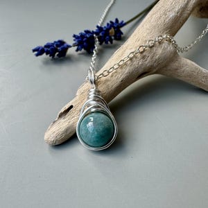 Handmade Burmese Jade blue/green silver pendant necklace, silver wire wrapped