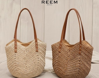 Woven Straw Tote Purse for Women | Large Boho Shoulder Bag Vegan Leather Strap | Farmers Market to Beach Purse | Gift for Her