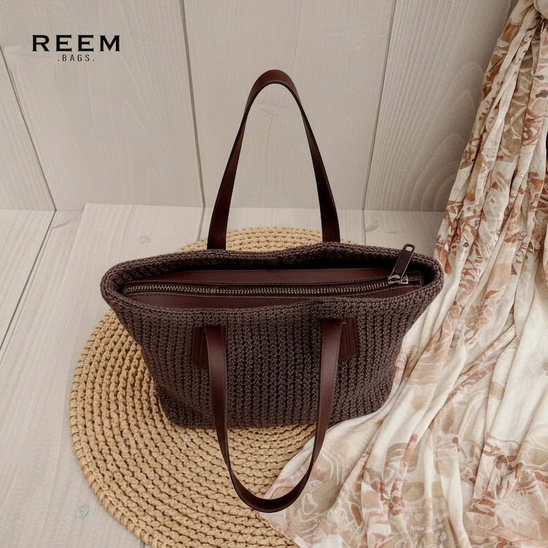 slouchy woven straw bag women coffee brown boho summer purse