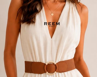 Wide Elastic Leather Waist Belt, Minimalist Luxury Cinch Belt for Women, Gold Buckle Belt, Stretch Dress Belt