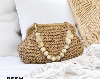 Woven Straw Clutch Bag with Beaded Handle | Boho Raffia Frame Purse Women Khaki