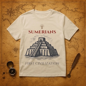 May include: Cream-coloured t-shirt with a graphic of a ziggurat and the text "SUMERIANS FIRST CIVILIZATION" in burgundy and navy blue. The design includes a tree symbol above the word "SUMERIANS".