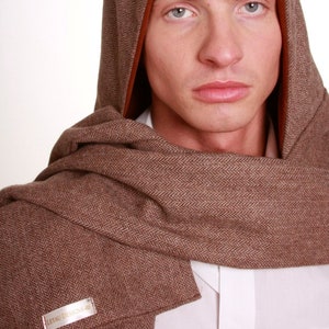 Hooded Scarf LETAU Brown Herringbone Wool w/ Cotton Hood Lining