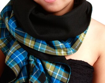 LETAU SIgnature Drawstring Scarf - Reversible Blue Green Plaid / Black