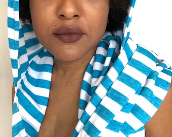 Hooded Scarf LETAU Blue & White Striped Cotton