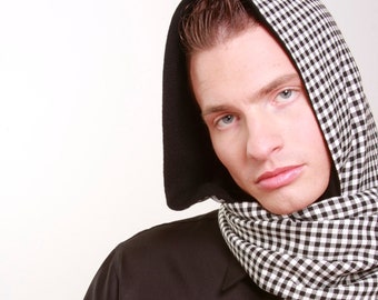 Hooded Scarf LETAU Black & White Gingham Wool