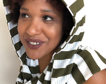Hooded Scarf LETAU Hunter Green & White Striped Ribbed Soft Cotton Jersey