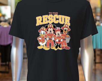 Disney Fire Department T-Shirt, Mickey & Friends To The Rescue Graphic Tee, Cartoon Firefighter Gift Apparel