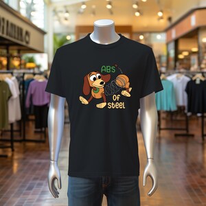 Slinky Dog ABS Of Steel Funny Toy Story T-Shirt, Humorous Disney Pixar Cartoon Dog Graphic Tee Shirt, Movie Fan Gift Apparel Present